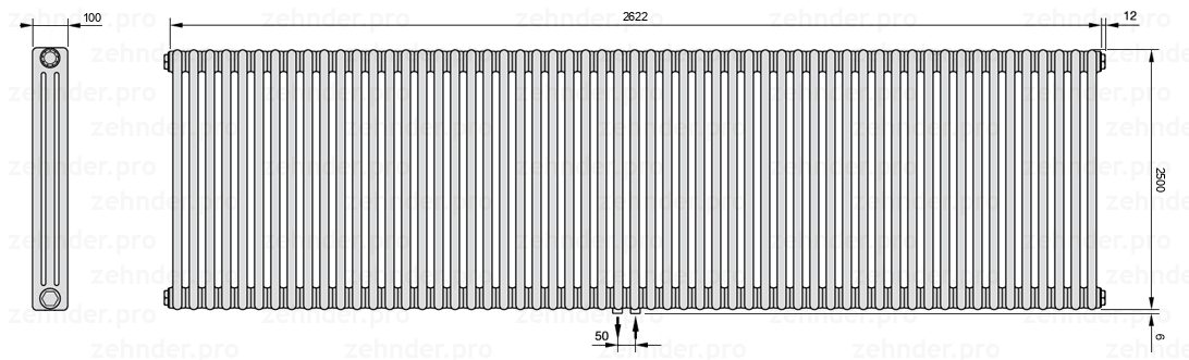 Схема (чертеж) Радиатор Zehnder Charleston 3250/57 №5410 Белый глянцевый RAL 9016